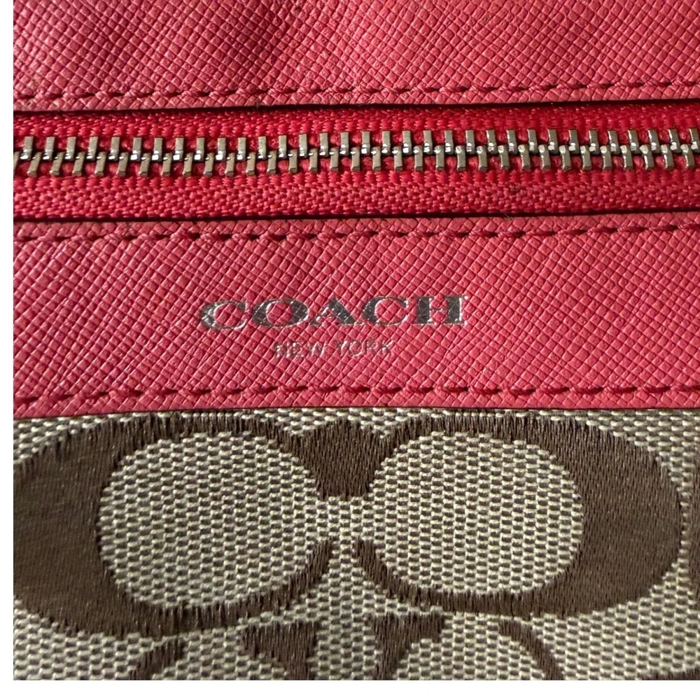 Coach Signature Canvas Saffiano Leather Wristlet Coral Pink Khaki 52860 - Picture 2 of 15
